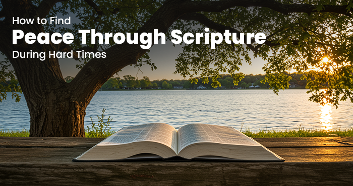Woman reading Bible peacefully with hands in prayer finding peace through Scripture during hard times