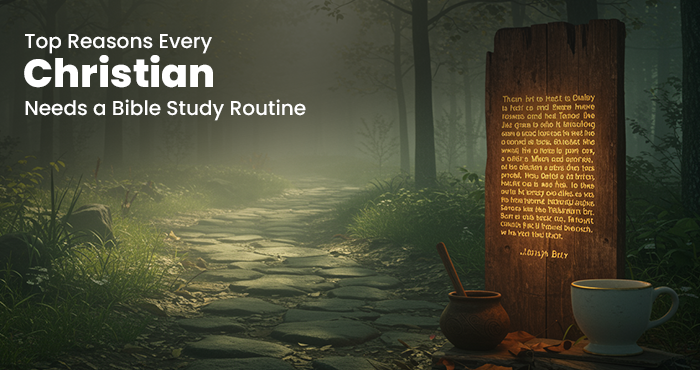 Open Bible on wooden table with Bible Study Routine journal beside it. Morning coffee cup, pen, and highlighted Scripture verses visible. Soft natural lighting creates peaceful study atmosphere. Shows consistent faith habits and daily Scripture reading practice.