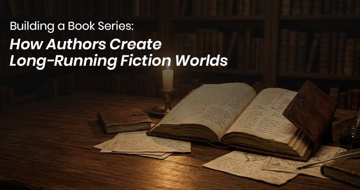 A writer's desk with open notebooks and books representing the process of building a book series
