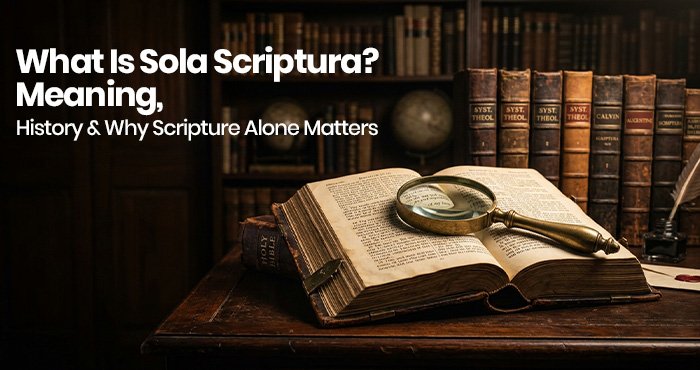 Open Bible on a wooden surface representing what is sola scriptura and the authority of Scripture alone