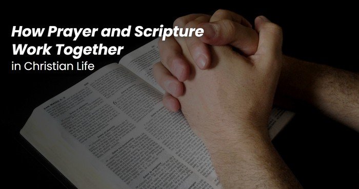 Hands folded in prayer resting on an open Bible, showing prayer and Scripture together